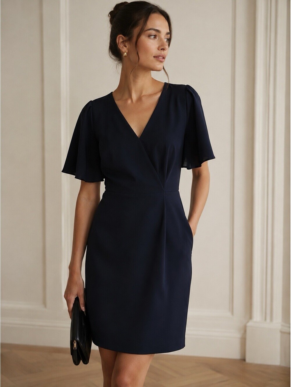 NWT Vince Camuto Navy Flutter Butterfly Sleeve Sheath Dress Size 12 Elegant Chic